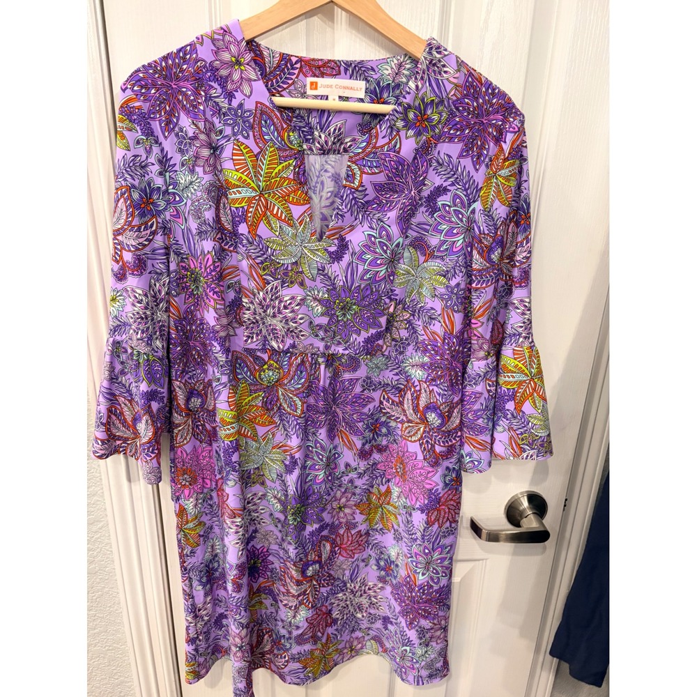 Jude Connally Dress Purple Floral Paisley Bell Sleeve V-Neck Shift Resort Wear